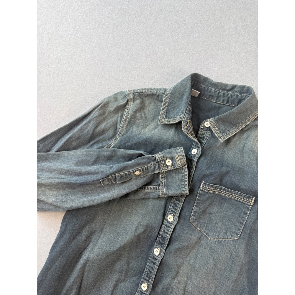 Womens Blue Denim Long Sleeve Button Up Shirt Small Casual Western Utility